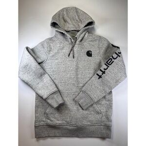 Carhartt Hoodie Women Small Gray Speckled Logo Sleeve Pullover Sweatshirt